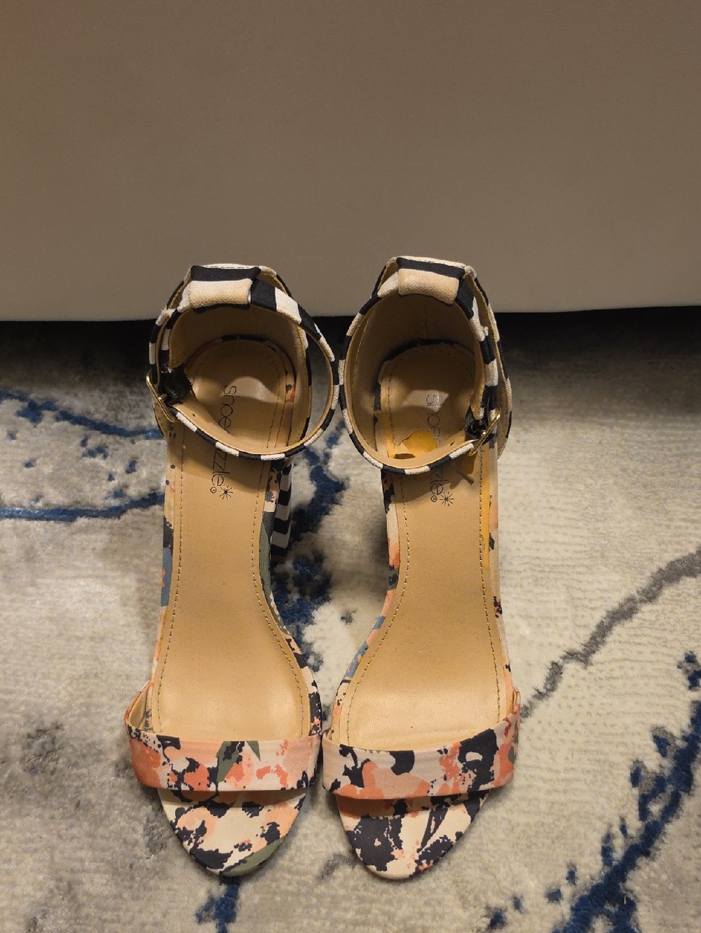 Shoe Dazzle Floral Splash Ankle-Strap Heels in Coral, Navy & Cream